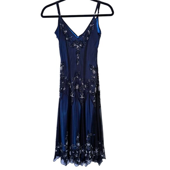 Adriana Papell Evening Blue Silk Beaded Midi Dress Gown Size 6P Vintage - Picture 1 of 7
